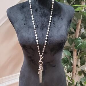 Women's Silver and White Beaded Long White Magnetic Breakaway Jewelry Necklace